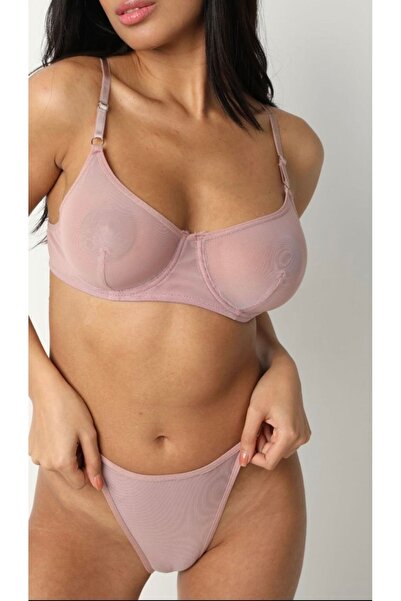 LORE SORTA LINGERIE Kadın Tül Brode Basıc Bralet Alt Üst Tanga Sütyen Takımı