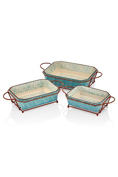 Cemile Turquoise Rectangular 3-Piece Oven Dish with Stand 21-24-28 cm