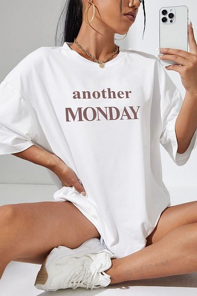 uyguntarz Unisex Another Monday Print Λεπτομερές υπερμεγέθη μπλουζάκι