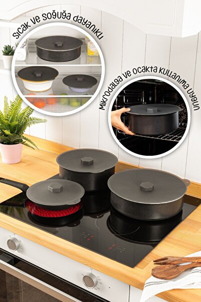 Vienev 3lü Silikon Tencere Tava Kapağı Isı Koruyucu Antrasit Renk