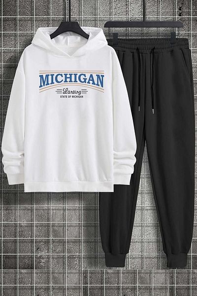 uyguntarz Σετ φόρμας Unisex White Hooded Michigan Printed