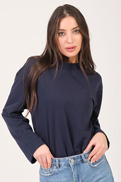 BASICA Clasy Kadın Lacost Kumaş Lacivert Bisiklet Yaka Basic Oversize Uzun Kollu T-shirt