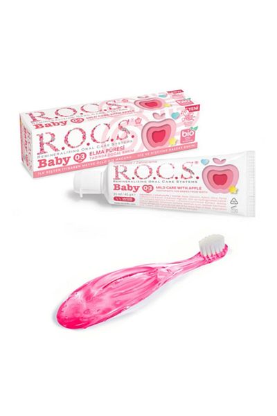 R.O.C.S. هريس التفاح للأطفال من 0 إلى 3 سنوات - معجون أسنان 45 جم + مجموعة فرشاة أسنان وردية