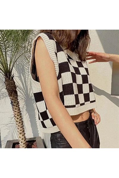 SCHAPSHIK Knitical Harajuku черен и бял кариран унисекс пуловер с квадратни шарки