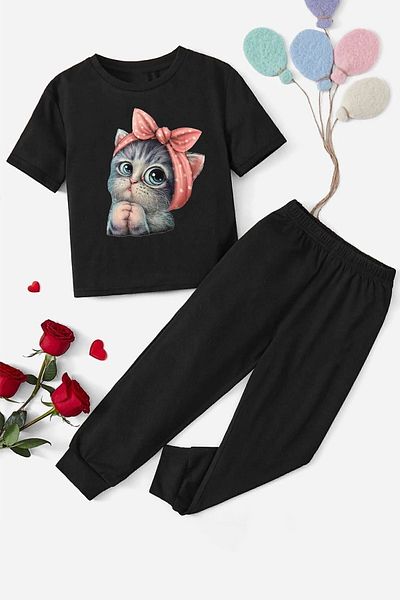 uyguntarz Sommer Kinder süße Katze unten - Top Trainingsanzug Set