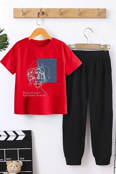 uyguntarz Kids Minimal Line Drawing Bottom - Top Tracksuit Set
