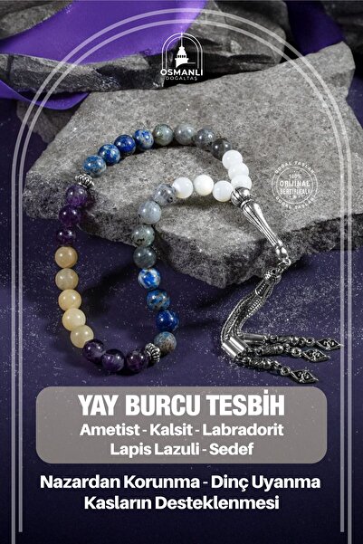 OSMANLI DOĞAL TAŞ Yay Burcu Tesbih Ametist Kalsit Labradorit Lapis Lazuli Sedef