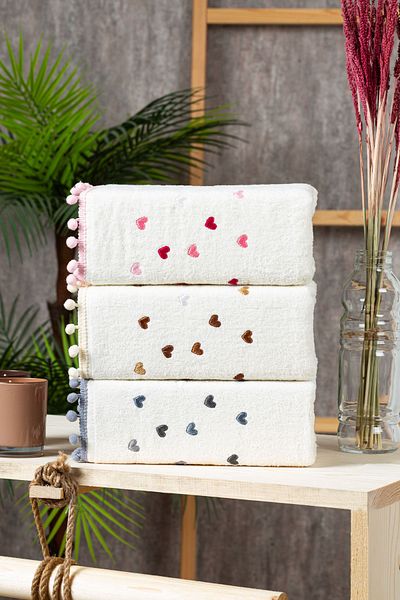 Elaganya Pompom Detailed Embroidered 3-Piece Towel Set, Hand and Face Towel, 50X90 cm