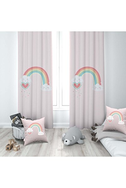 Bebemotto Pembe Gökkuşağı Kalp, Ithal Kumaş, Çocuk Ve Bebek Odası Fon Perde -...