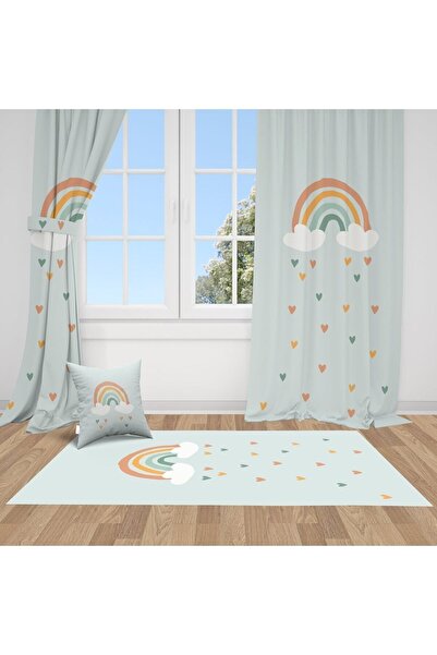 Bebemotto Gökkuşağı Turkuaz Zemin, Ithal Kumaş Çocuk Ve Bebek Odası Fon Perde...