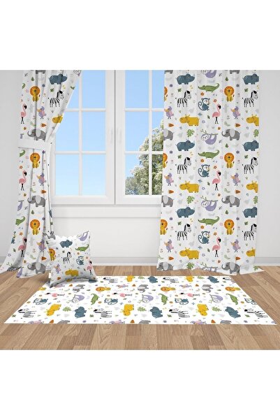 Bebemotto Çiçekli Safari Hayvanları, Beyaz, Turuncu, Ithal Kumaş, Çocuk Ve Be...