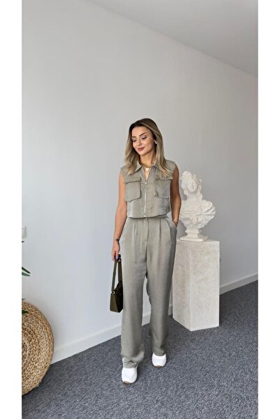 ZoeFlower طقم سترة وبنطلون من القماش اللامع - حجاب مع جيوب وسحاب