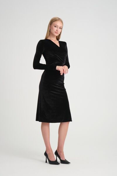 Kallisto Velvet Midi Dress - Black Double Breasted Collar and Slit Detail