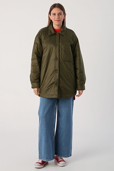 ALLDAY Khaki Oversize Snap Fastener Shirt Collar Coat