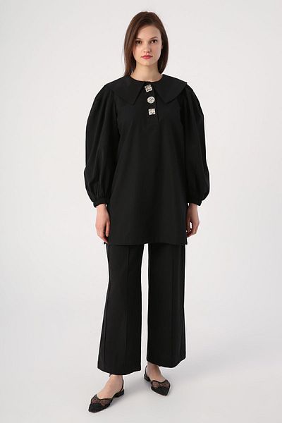 ALLDAY Black-Gold Buttoned Large Collar Trousers Suit