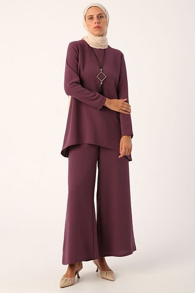 ALLDAY Purple Necklace Wide Leg Trousers Tunic Suit