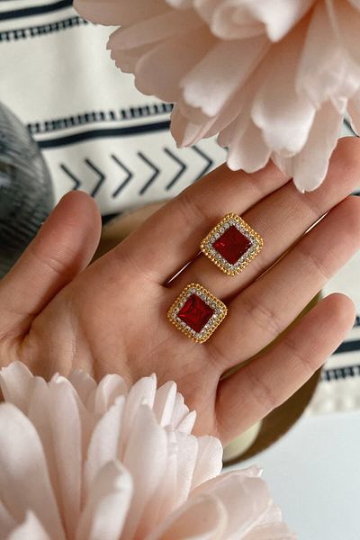 Dora Accessories Μικρό τετράγωνο κόκκινο πέτρινο χρυσό χρώμα βραδινό φόρεμα γυναικεία σκουλαρίκια