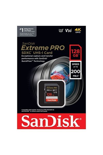 SanDisk بطاقة ذاكرة Extreme Pro سعة 128 جيجابايت SDHC V30 UHS-I U3 - 200/90 ميجابايت/ثانية