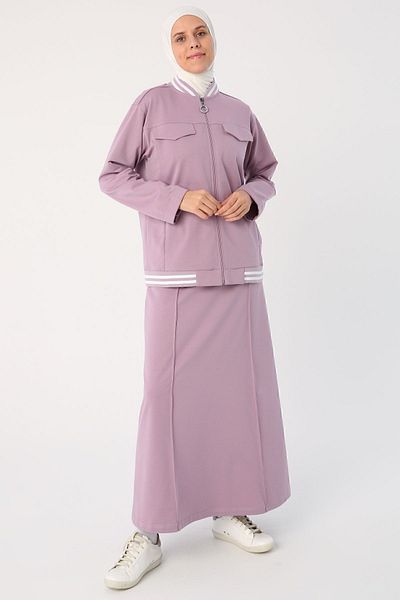 ALLDAY Soft Lilac Striped Ribbed Skirt Short Cardigan Set
