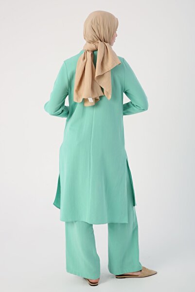 ALLDAY Puha zöld magas gallérú elöl hasított viszkóz len tunika