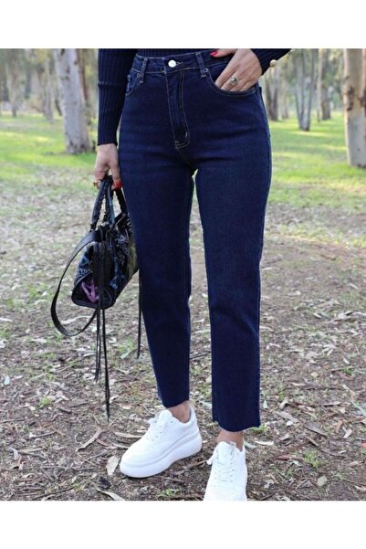 Niceboutique Yüksek Bel Koyu Lacivert Kesik Paça Boyfit Jean