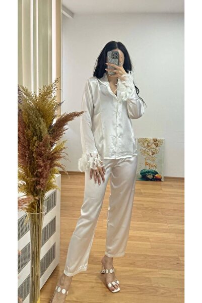 SATTENS Σετ Σατέν Πυτζάμες - Μανίκια με πούπουλα Otriş