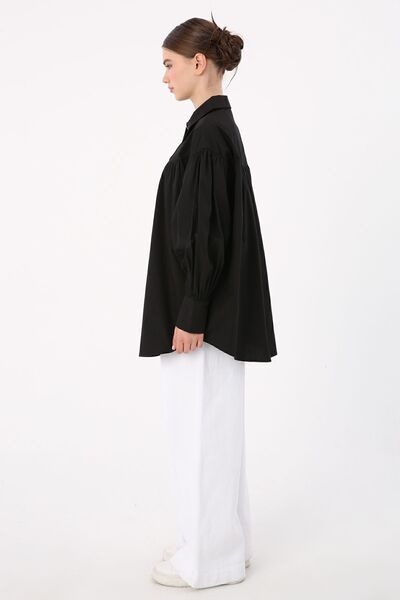 ALLDAY Siyah %100 Pamuk Oversize Sivri Yaka Büzgülü Balon Kol Gömlek