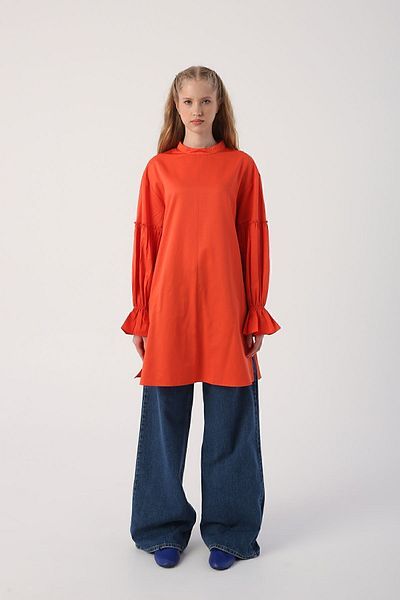 ALLDAY Orange Ruffle Detailed Tunic with Elastic Sleeves