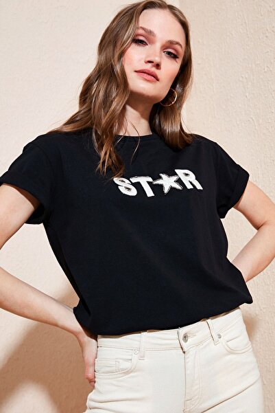 Lela Kadın Siyah Baskılı % 100 Pamuklu Bisiklet Yaka T Shirt 6010021