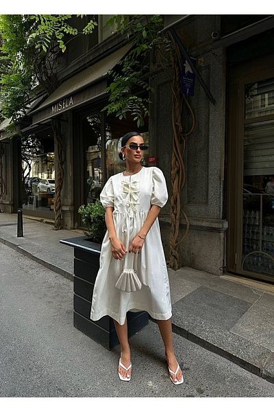 manana fashion Stone Color Poplin Bow Detail Short Sleeve Long Dress