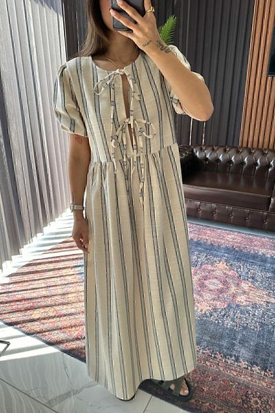 manana fashion Rochie Lungă de in în dungi albastre cu dantelă - cu mânecă scurtă