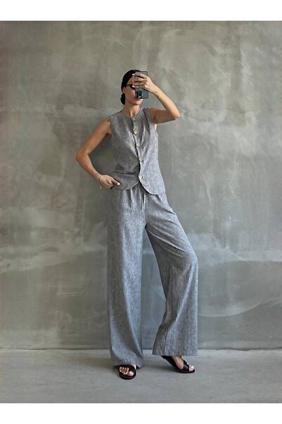 manana fashion Σετ ανθρακί λινό ακατέργαστο γιλέκο και παντελόνι