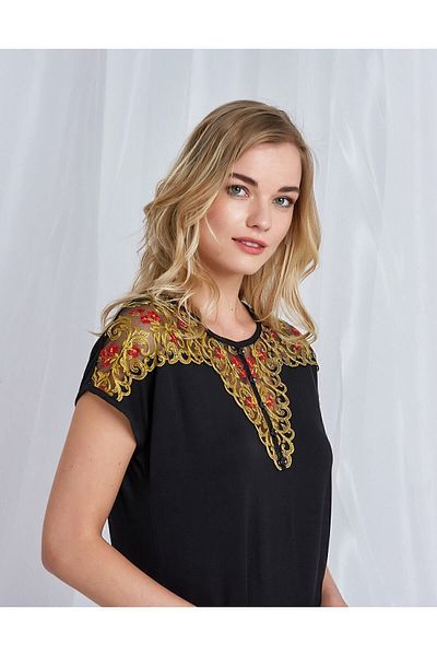 CAROLINE Set de pijamale cu guler din dantelă, fără umăr, viscoză