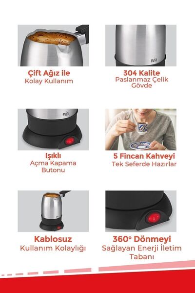 Evia Şahane Inox 850 Watt Çift Ağızlı Paslanmaz Çelik Elektrikli Cezve