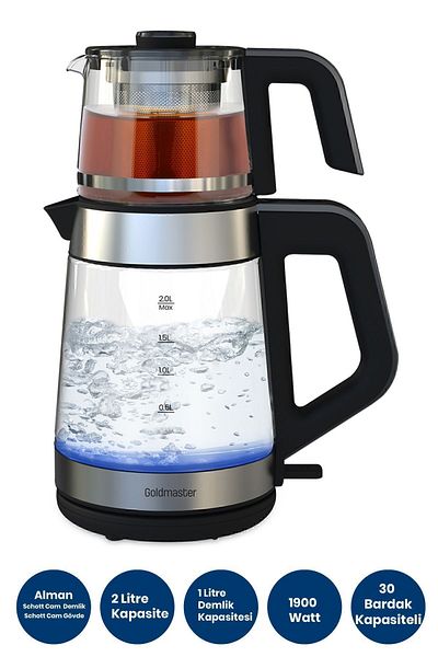 GOLDMASTER Inox German Schott Glass Tea Maker and Led Light Kettle Inox Steel Turkish Coffee Maker