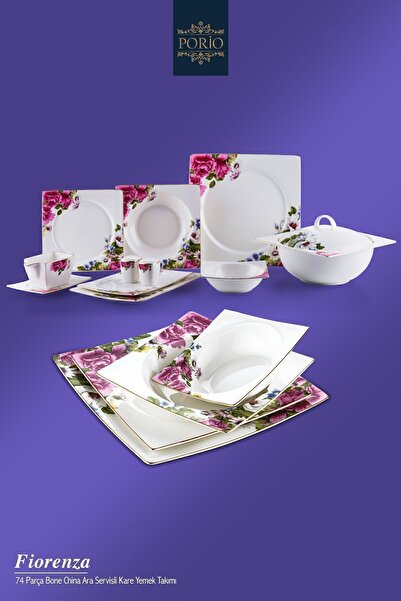 Porio Fiorenza 74 Parça Bone China 12 Kişilik Kare Porselen Yemek Takımı