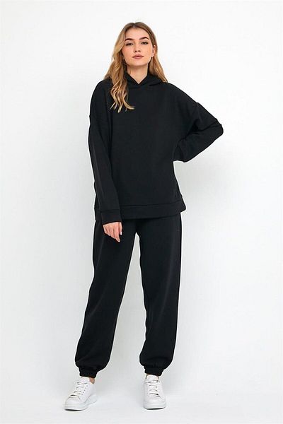 ESPİNA Γυναικεία αθλητική φόρμα oversize με τρεις κλωστές Fleece από καουτσούκ για μέση και πόδια - Μαύρο