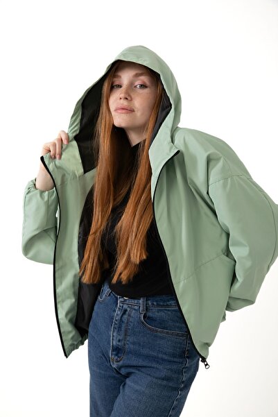 Firststops Women's Water Green Hooded Windproof Seasonal Raincoat Offering Elegance and Comfort