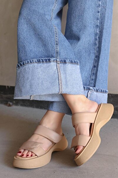 NILUFARR Дамски чехли с каишки Flora Beige от естествена кожа