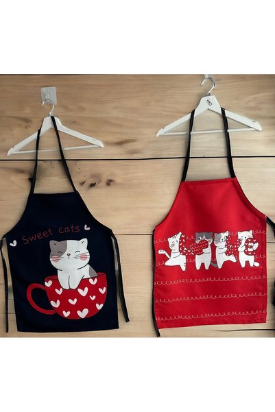 KEDİ Women's and Men's Couple Apron Set (2 Pieces) Red Cat Cup Cat
