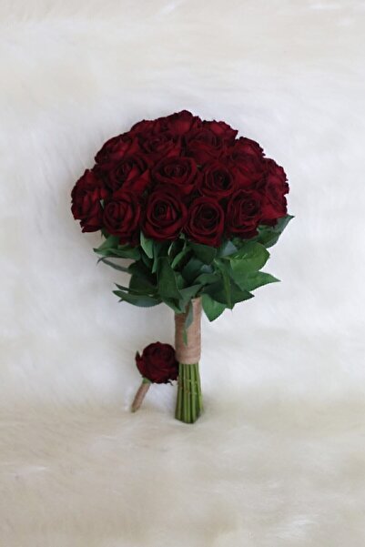 Nikadu Koyu Kırmızı Kadife Gül Gelin Buketi