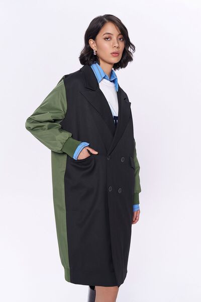 Quzu Çift Renk Matchli Uzun Trençkot Siyah