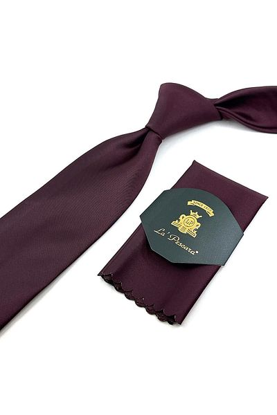 Kravatkolik Şarabi Claret Red Satin Plain Handkerchief Classic Tie KK12065