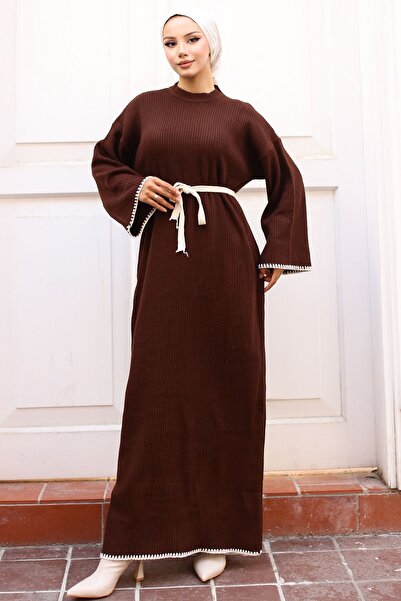 benguen 11040-17 Καφέ Πλεκτό Φόρεμα - Λεπτομέρεια Κεντήματος
