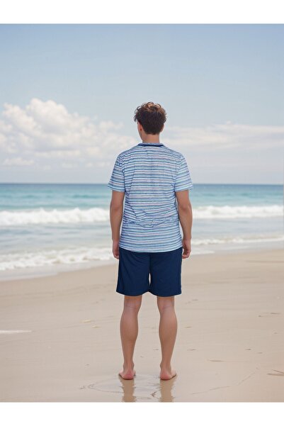 Lunaberry Yazlık Erkek Şortlu Pijama Takımı Marin Lacivert Çizgili %100 Pamuk,plaj,spor,bohça