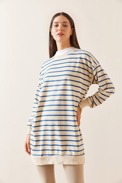 XHAN Blue Crew Neck Striped Sweatshirt 5Yxk8-48917-12