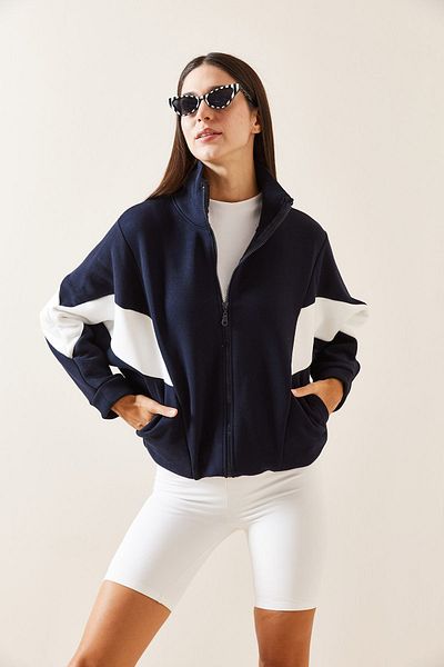 XHAN Navy Blue Color Transitional Stand Collar Sweatshirt 5Yxk8-48910-14