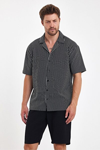 THE RULE Men's Black Striped Oversize Summer Shirt - Short Sleeve, Comfortable Fit