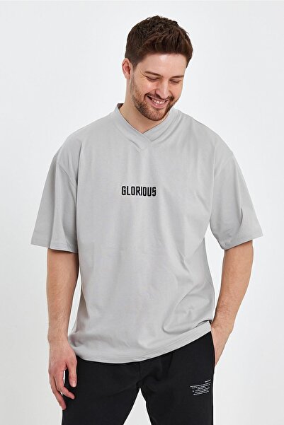 THE RULE Ανδρικό γιακά με λεπτομέρειες Oversize 100% βαμβακερό φαρδύ φαρδύ κομμένο λαιμόκοψη με απαλή υφή Ice Grey T-shirt