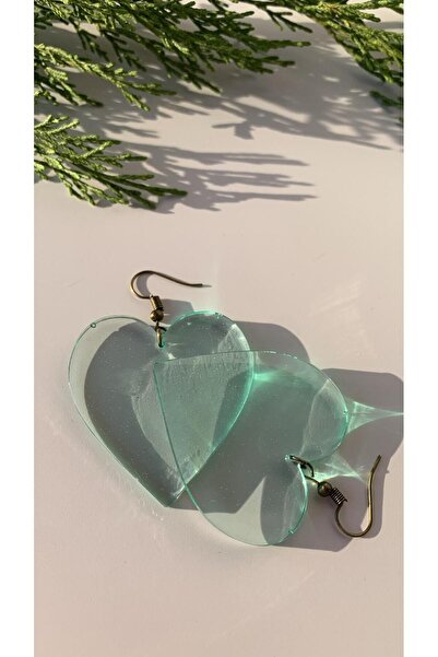 MISS GOLDEN Transparan Su Yeşili Renkli Antik Sarı Aksesuar Büyük Kalp Şekil Epoksi Küpe El Yapımı Hediyelik